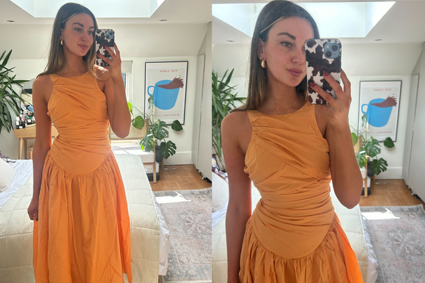 Best wedding guest dresses IndyBest review Asos Design structured ruched full skirt maxi dress in apricot
